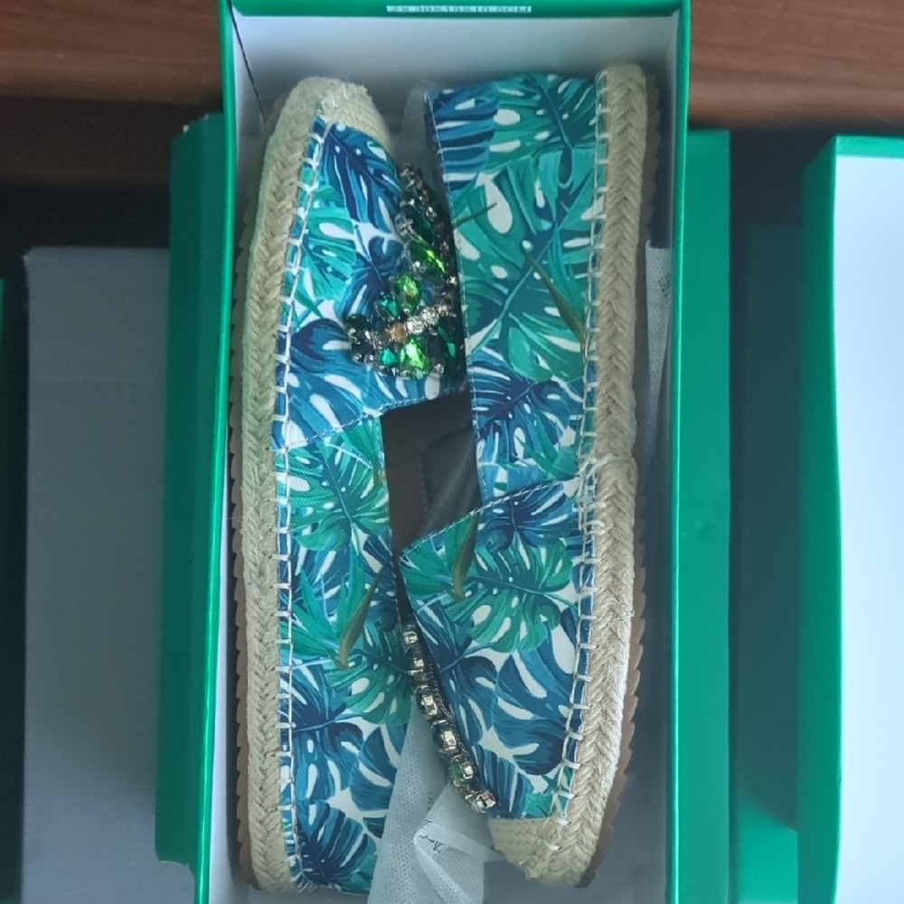 Lauren Lorraine Blue and Green Espadrilles With Sparkling Faux Gemstones